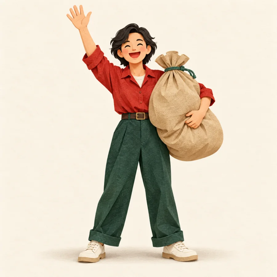 A smiling person raising a hand and gladly carrying a heavy sack