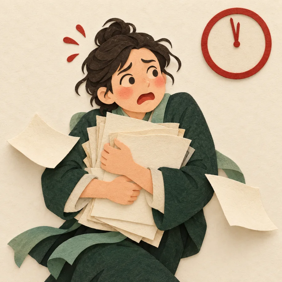 A flustered person clutching scattered papers under a red clock