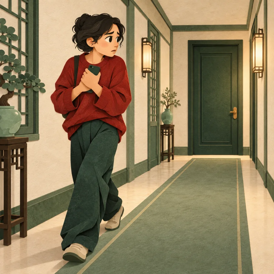 An anxious person pacing a corridor with a phone, waiting by a closed door