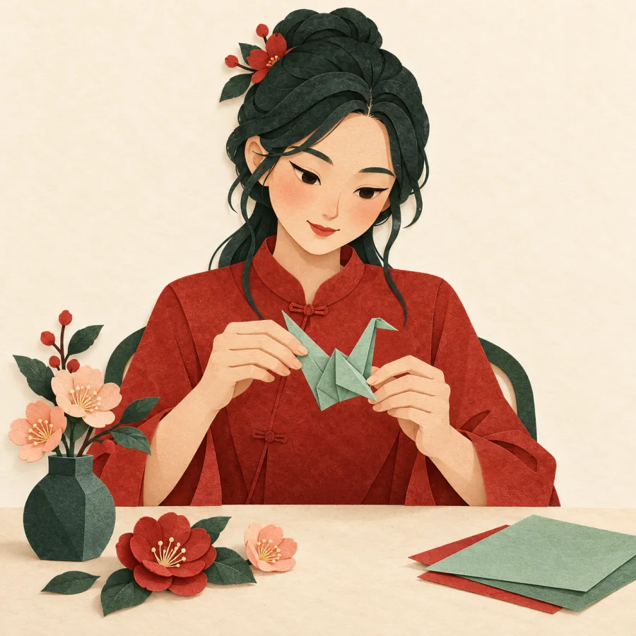 A woman folding a green paper crane among finished paper flowers