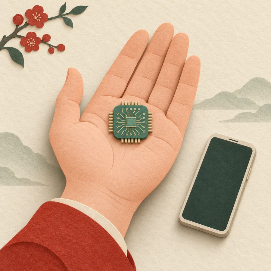 A hand holding a small green chip beside a smartphone
