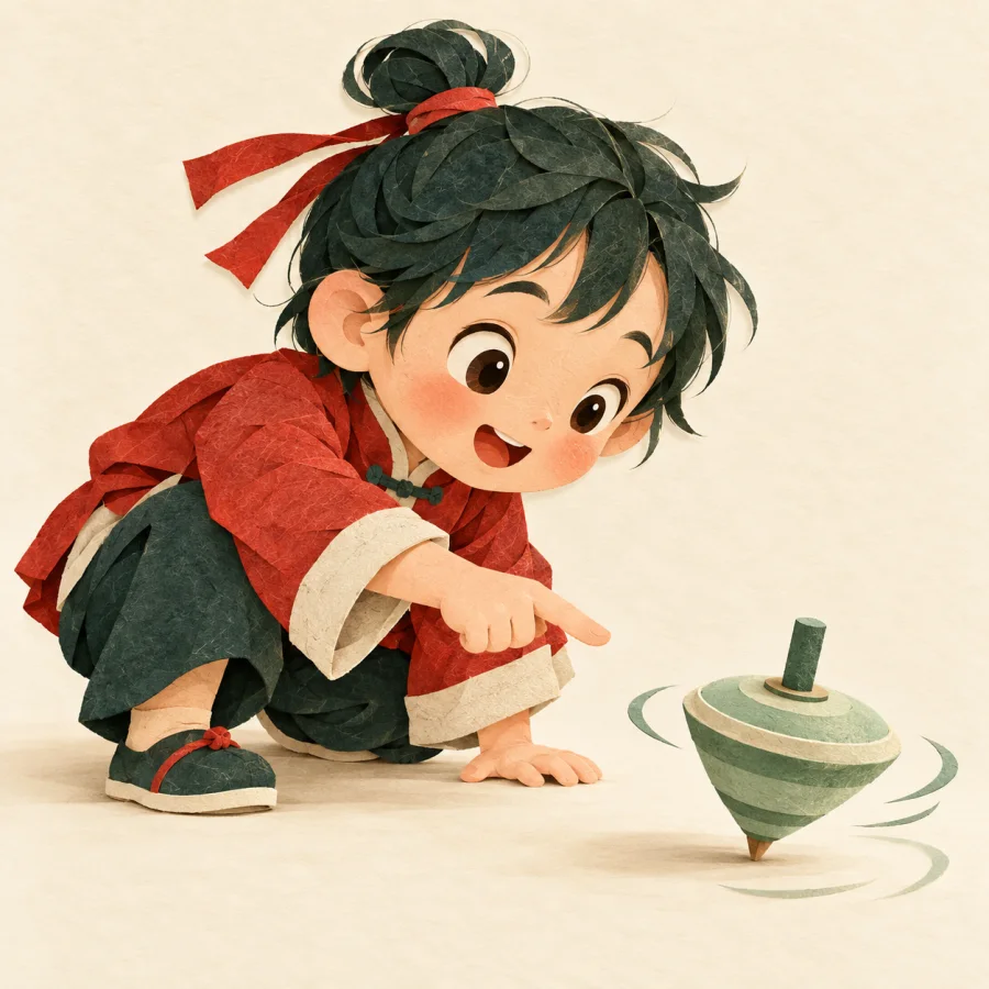 A curious child leaning toward an unusual spinning toy