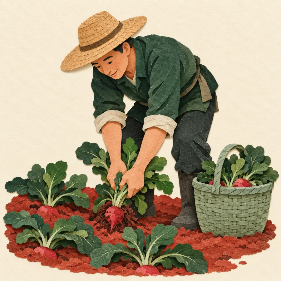 A farmer in a hat diligently harvests vegetables in a red field