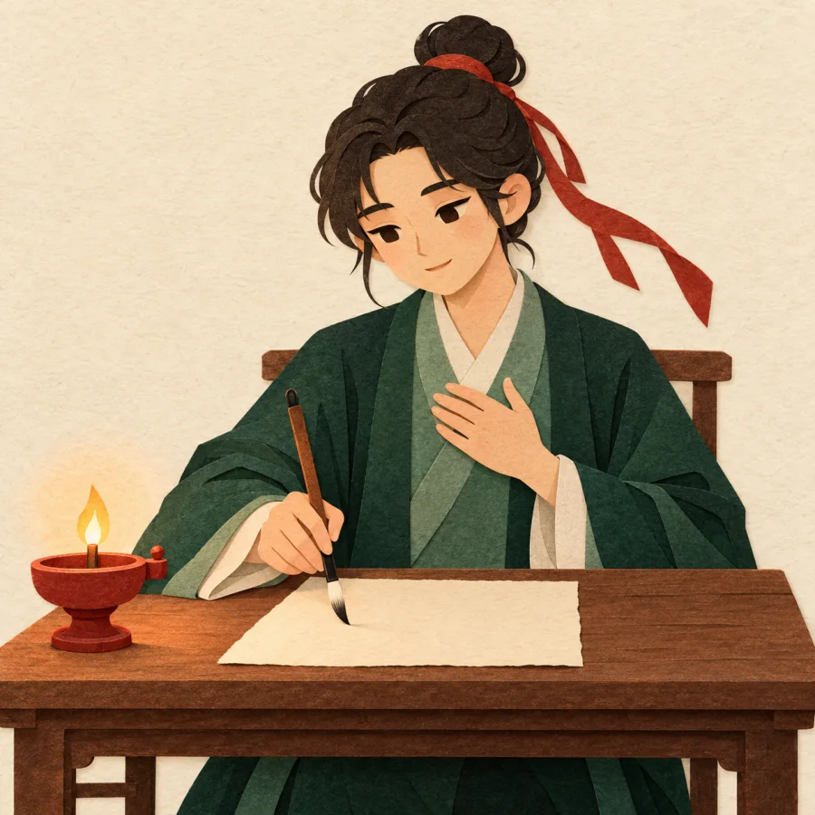 A person writes a heartfelt letter at a desk in lamplight