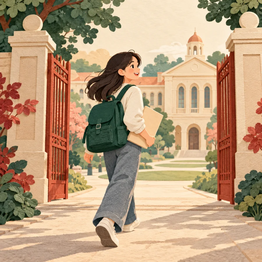 A student with a backpack walks through the university campus gate