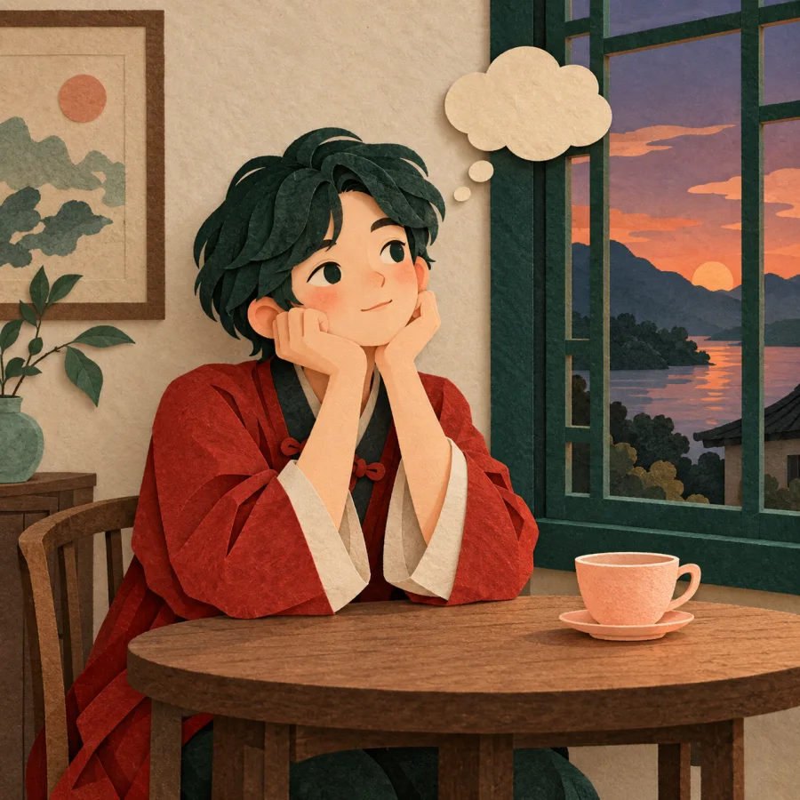 A pensive person sits by the window at dusk beside a teacup