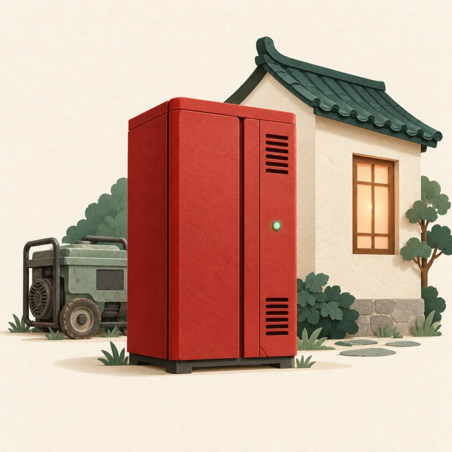 A modern red battery cabinet powers a village house