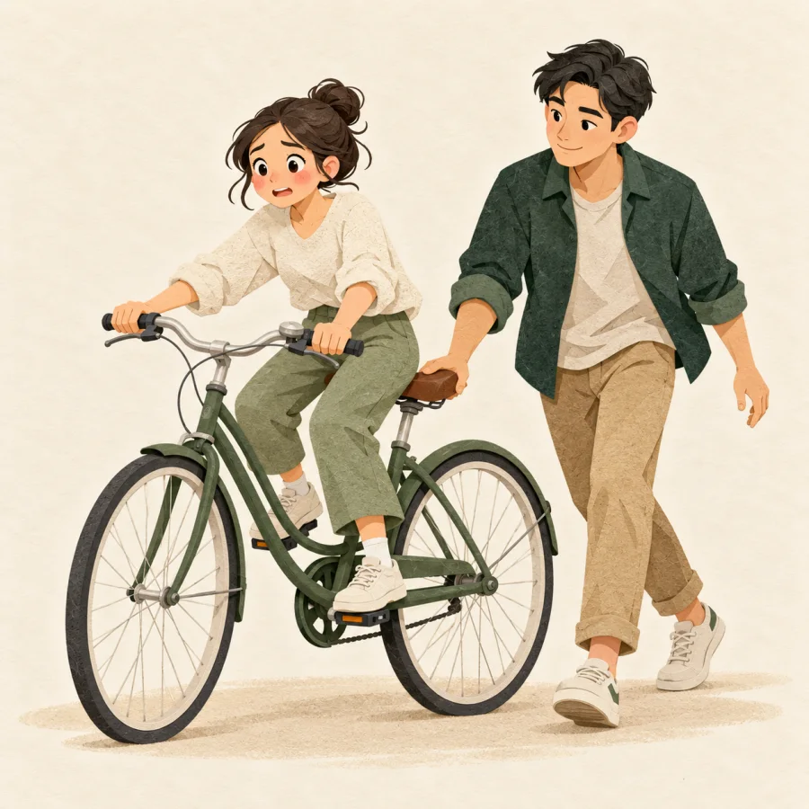 An instructor steadies a wobbling beginner on a bicycle