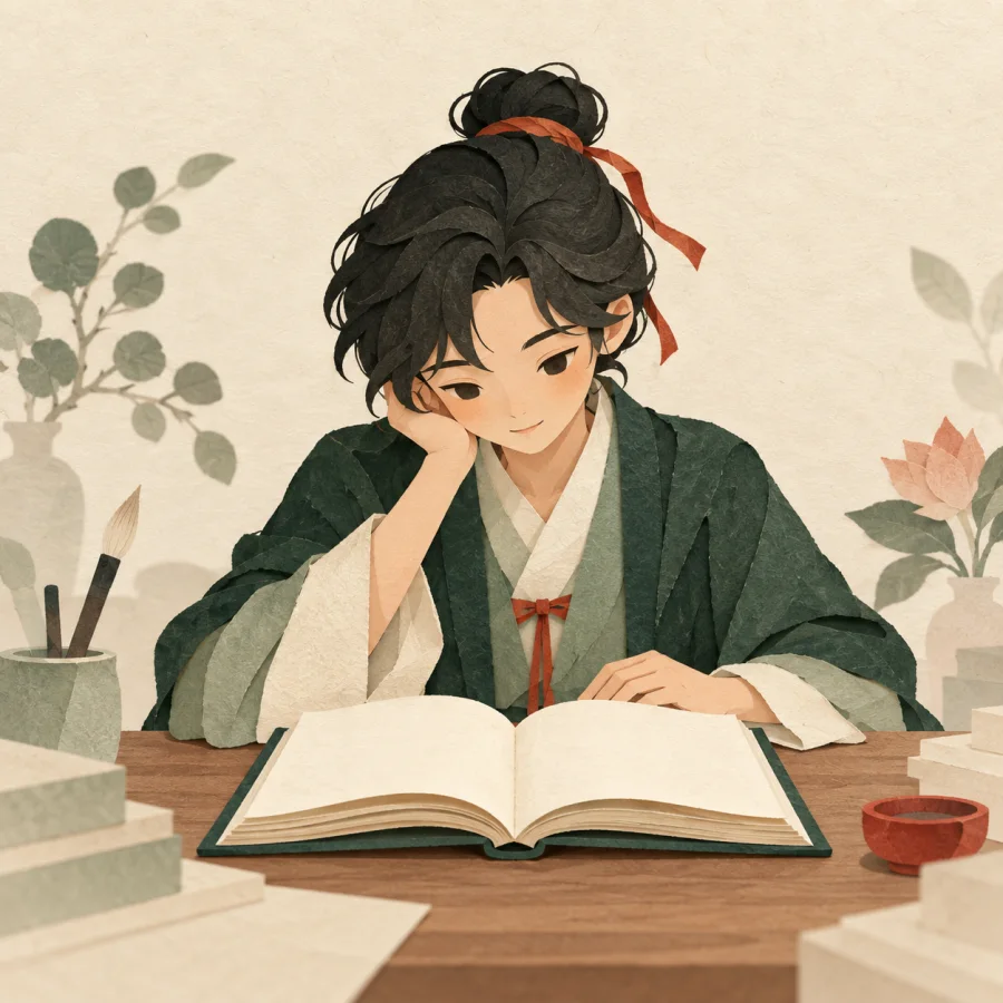 A person at a desk absorbed in one single book