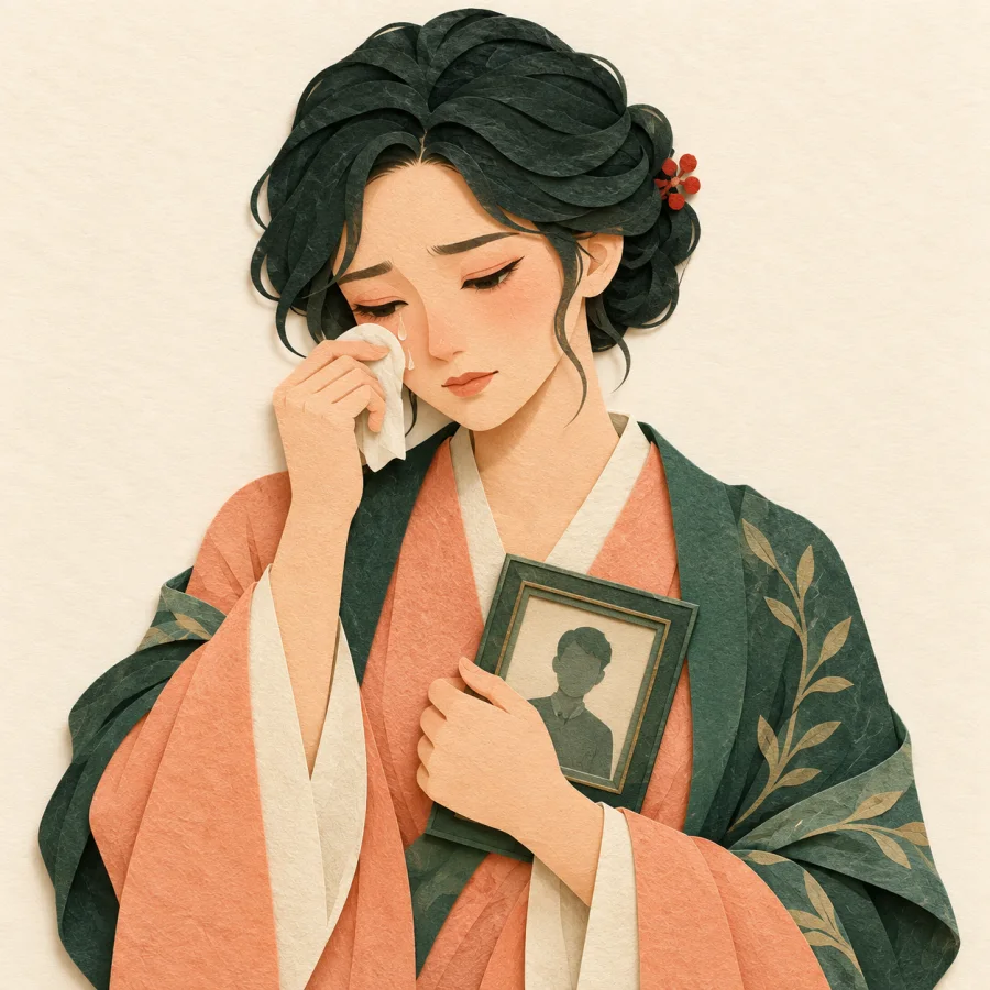 A person holds back tears holding a framed photo