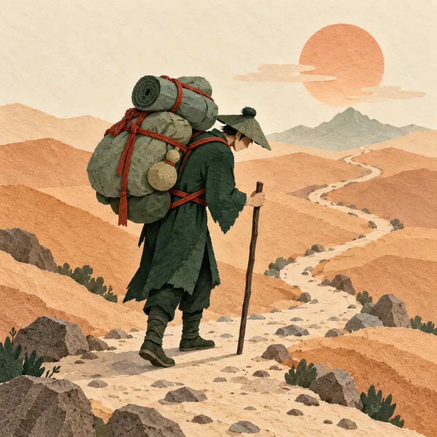 A weary traveler with a heavy pack rests on a road