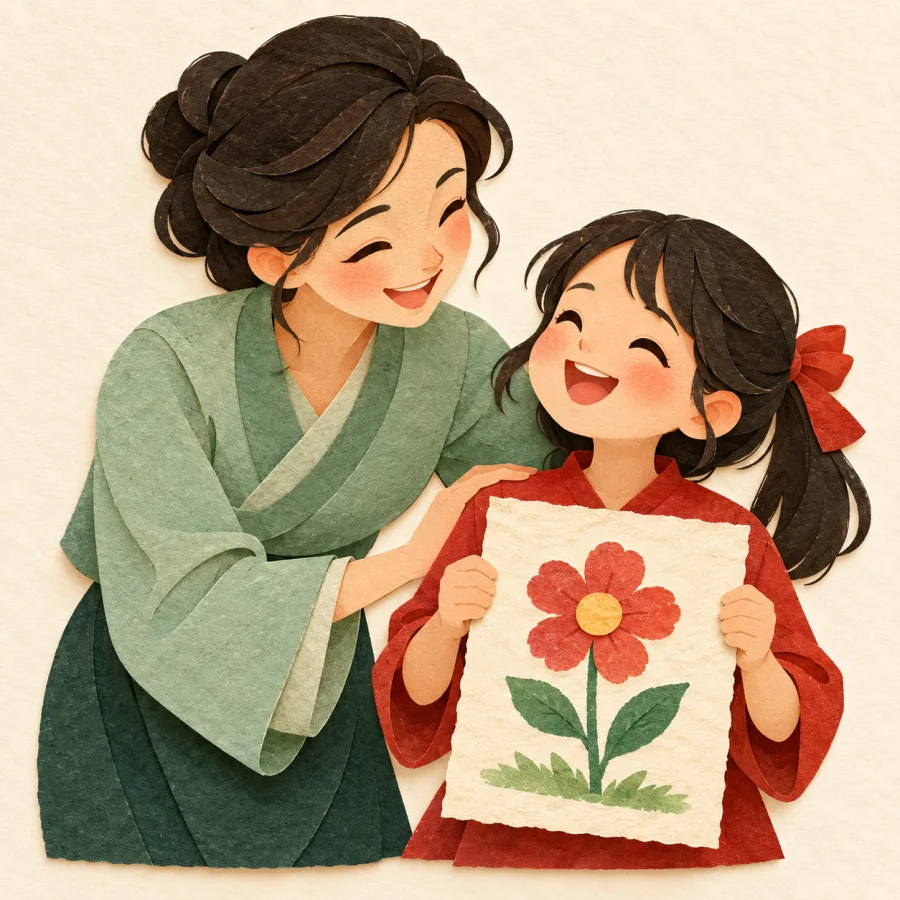A teacher smiles warmly as a student shows a drawing