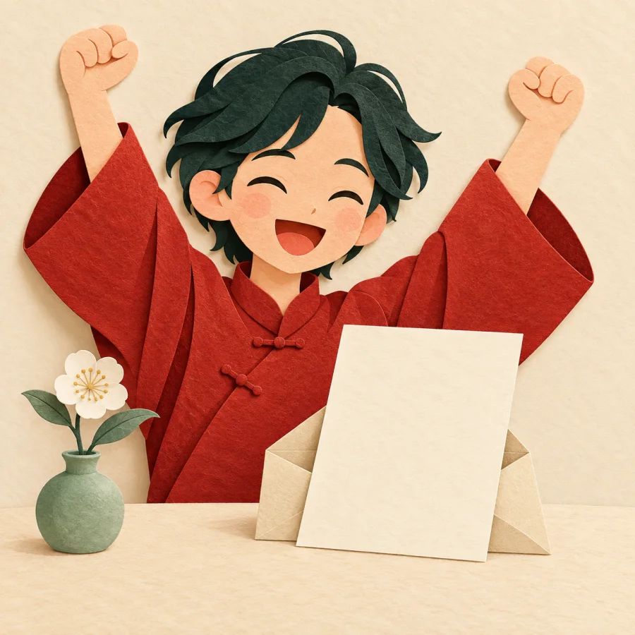A person in red joyfully reads a letter, with a flower nearby.