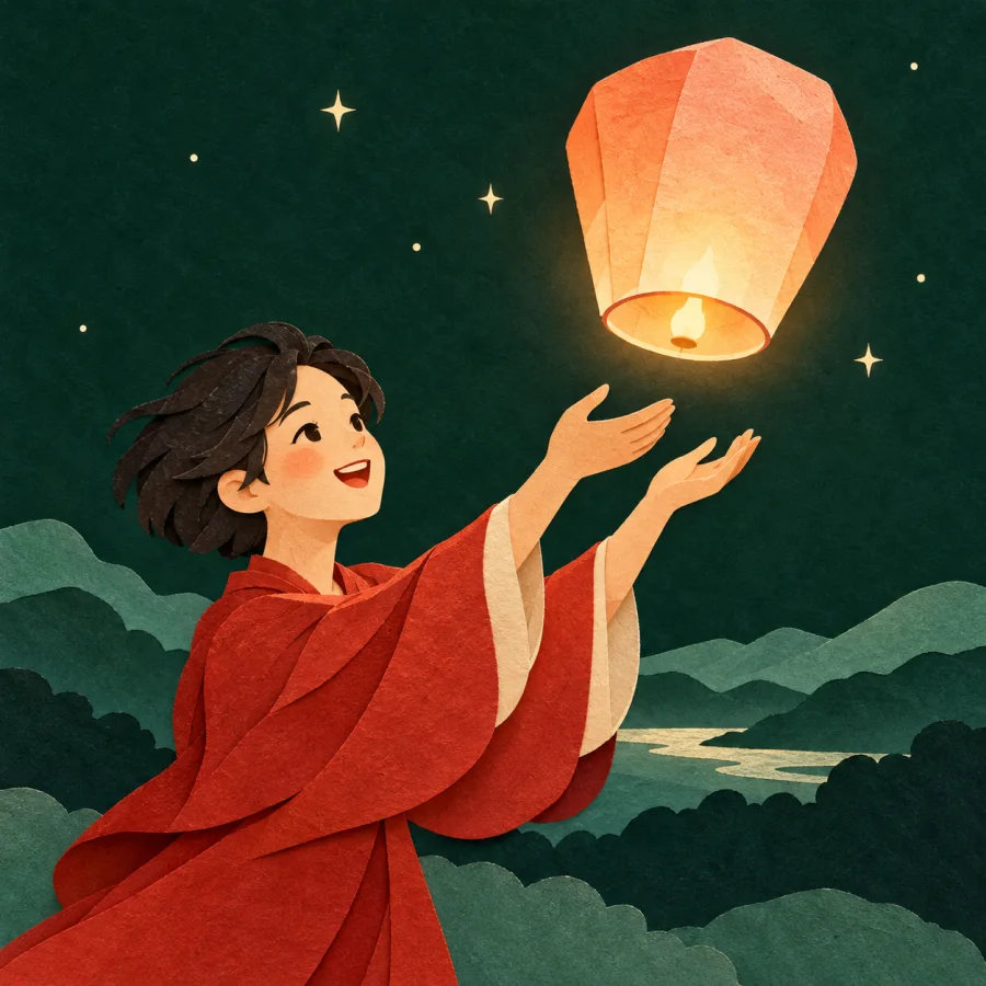 A person releases a glowing paper lantern into the night sky