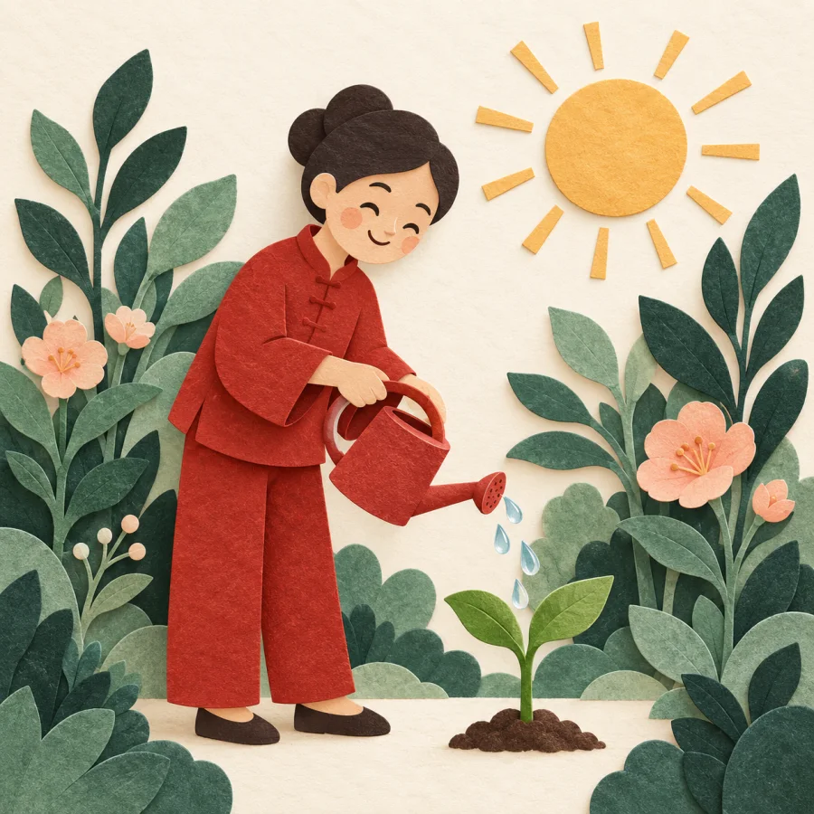 A person waters a young sprout in a flourishing garden.