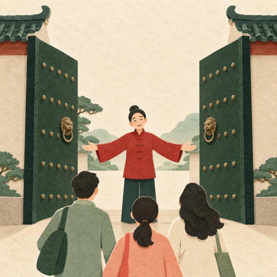 A person with open arms greets people at wide gates.