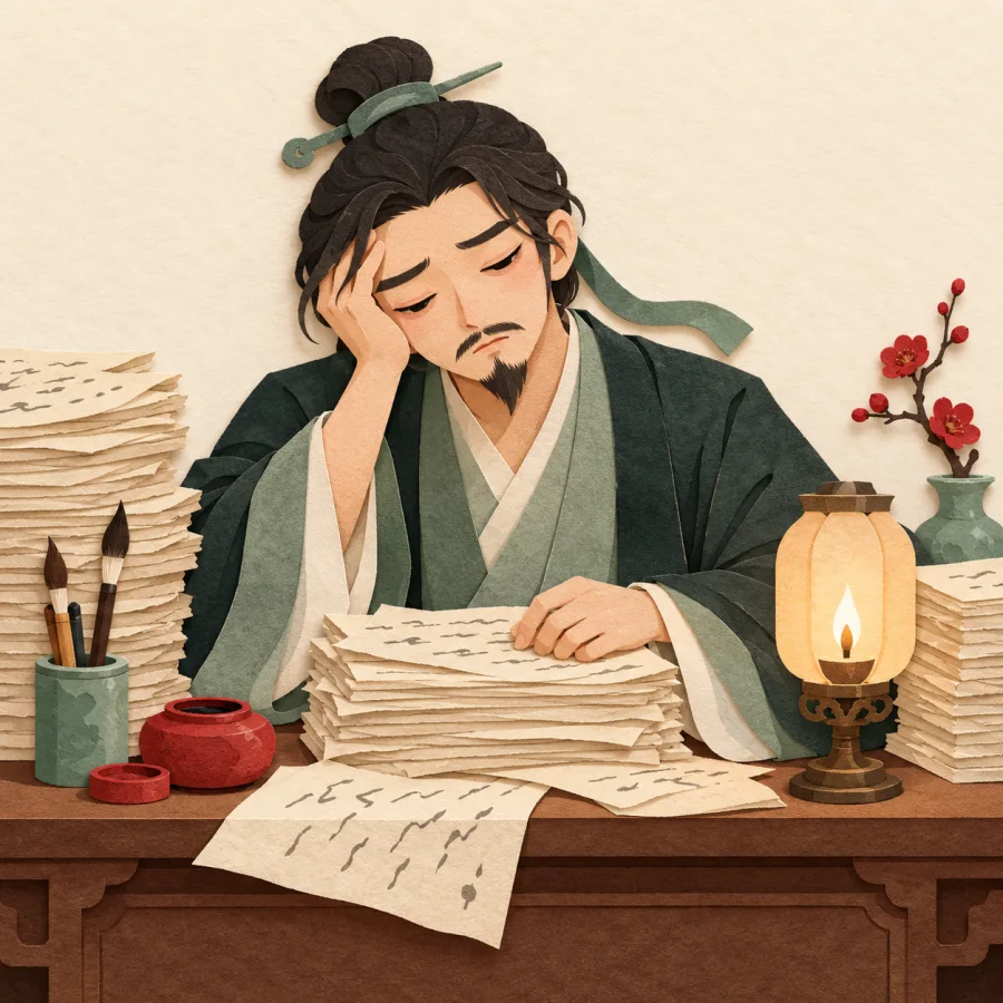 A scholar leans over stacks of manuscripts by a lamp.