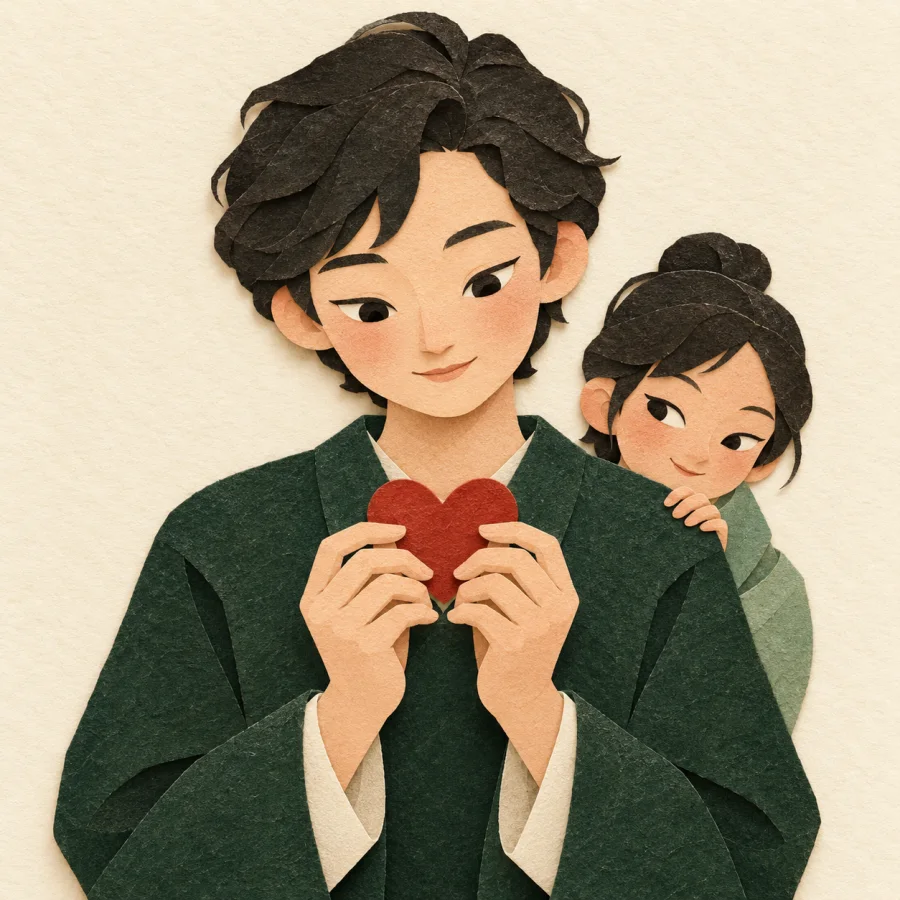A person thoughtfully examining a small red heart held between both hands