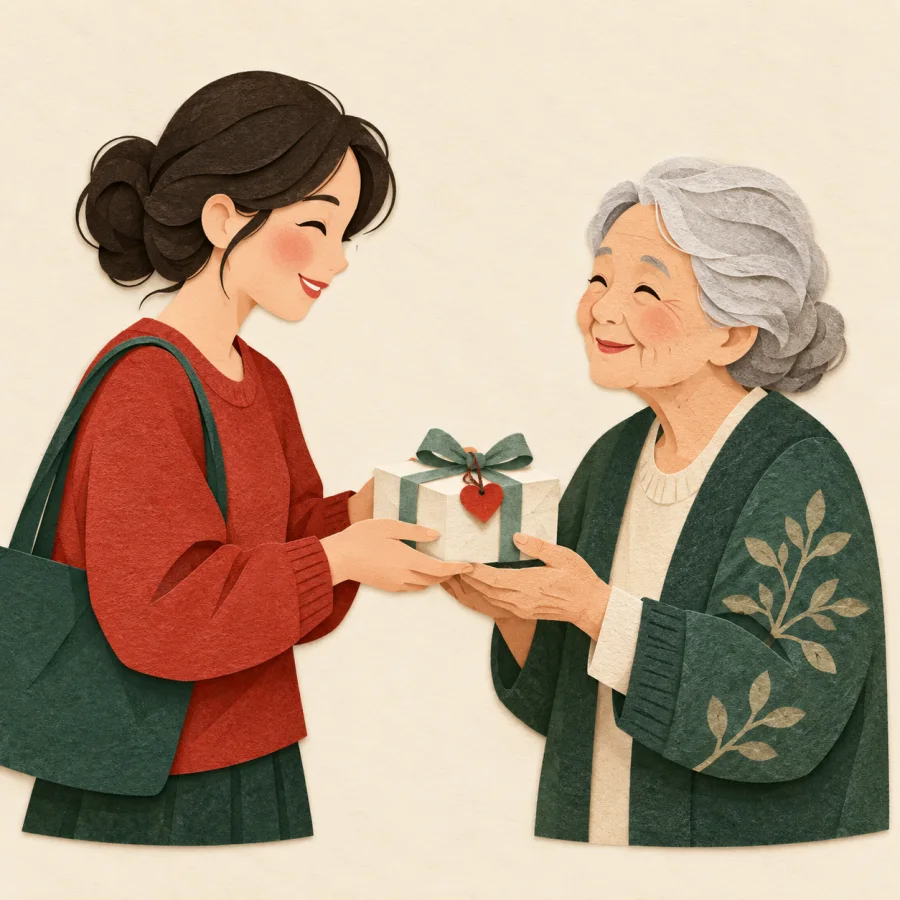 A person handing a modest wrapped gift with a red heart to an elderly neighbour