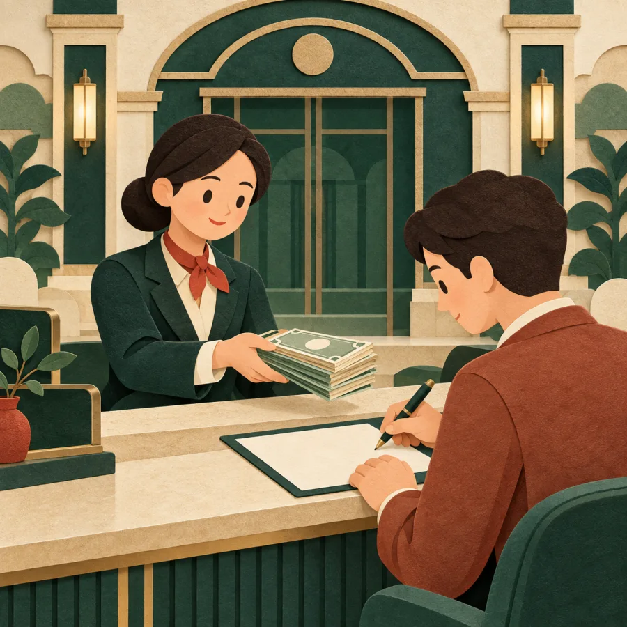 A bank clerk handing money to a person signing a paper contract