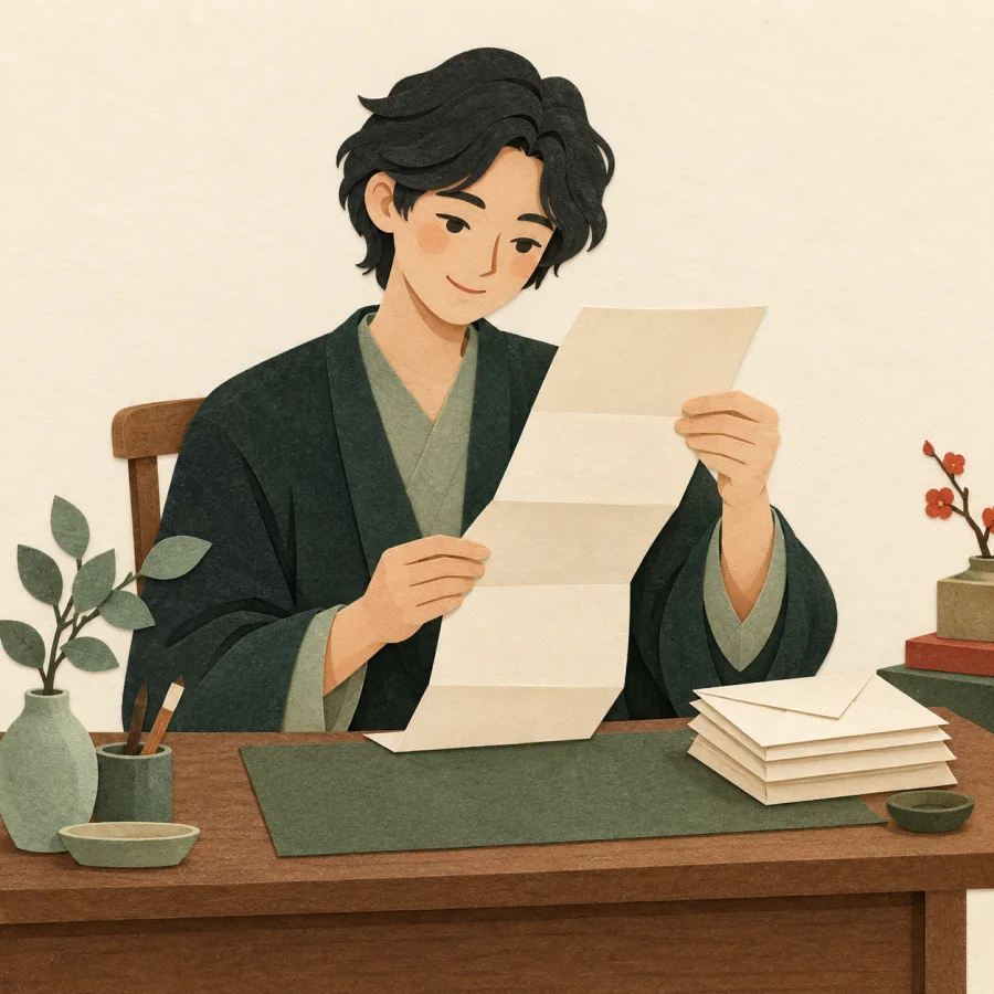 A person reading a letter beside a stack of paper envelopes