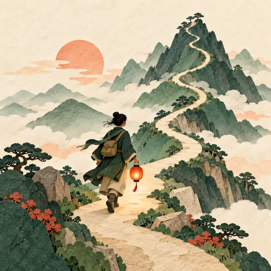 A person walking toward a distant green mountain crest with a small red lantern