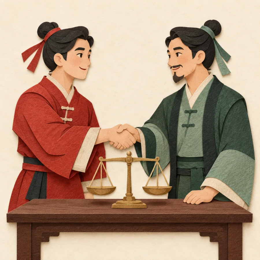 Two merchants shake hands beside balanced scales