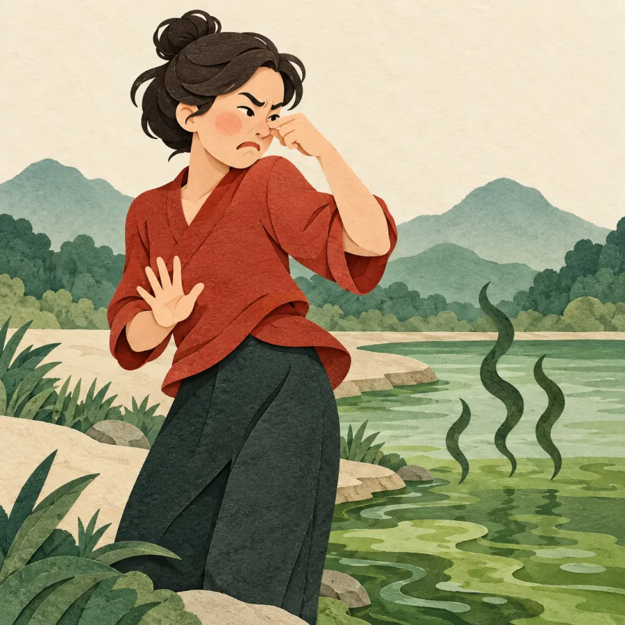 A person pinches their nose by a smelly river