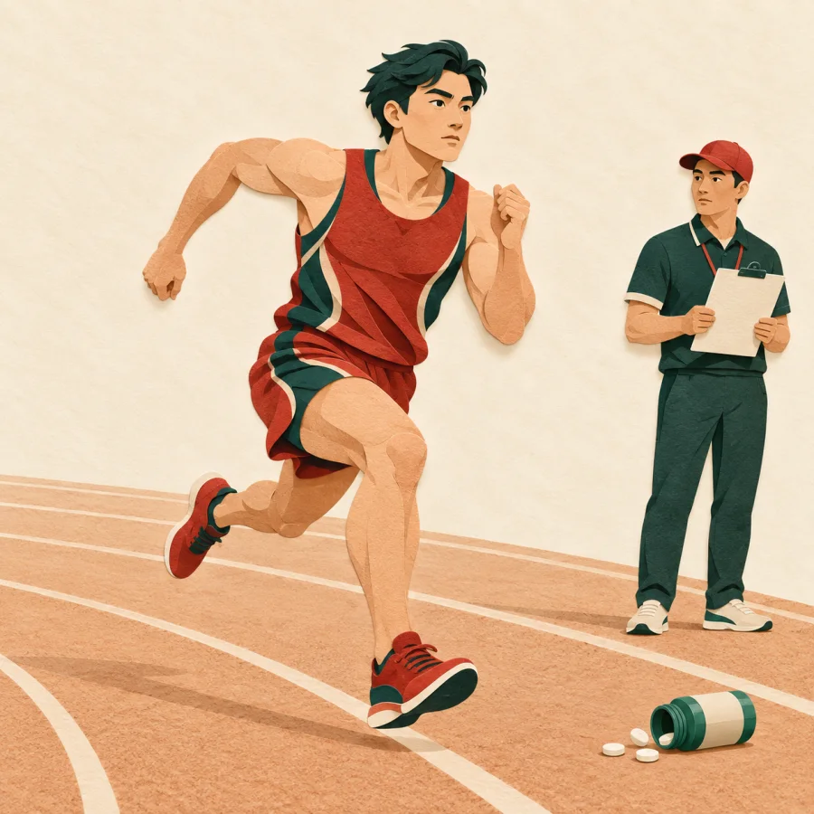 A runner on a track beside a small pill bottle