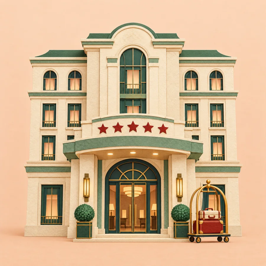 A hotel facade with five red stars above the entrance