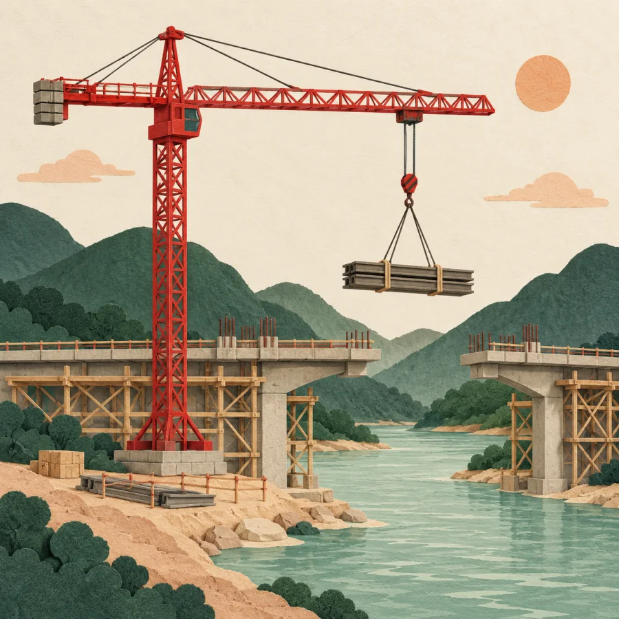 A crane builds part of a bridge over a river