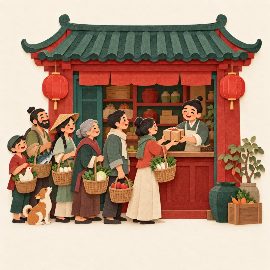 A shop crowded with customers, the smiling owner handing over a parcel.