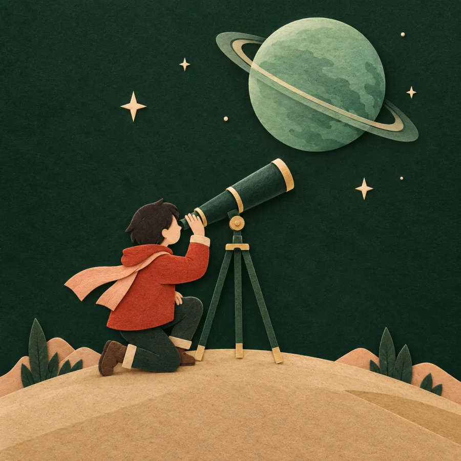 A person looking through a telescope at a planet in the night sky.