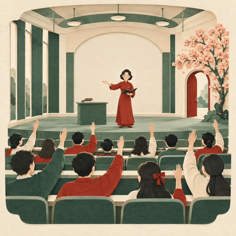 A teacher speaking to a crowded hall of attentive listeners.