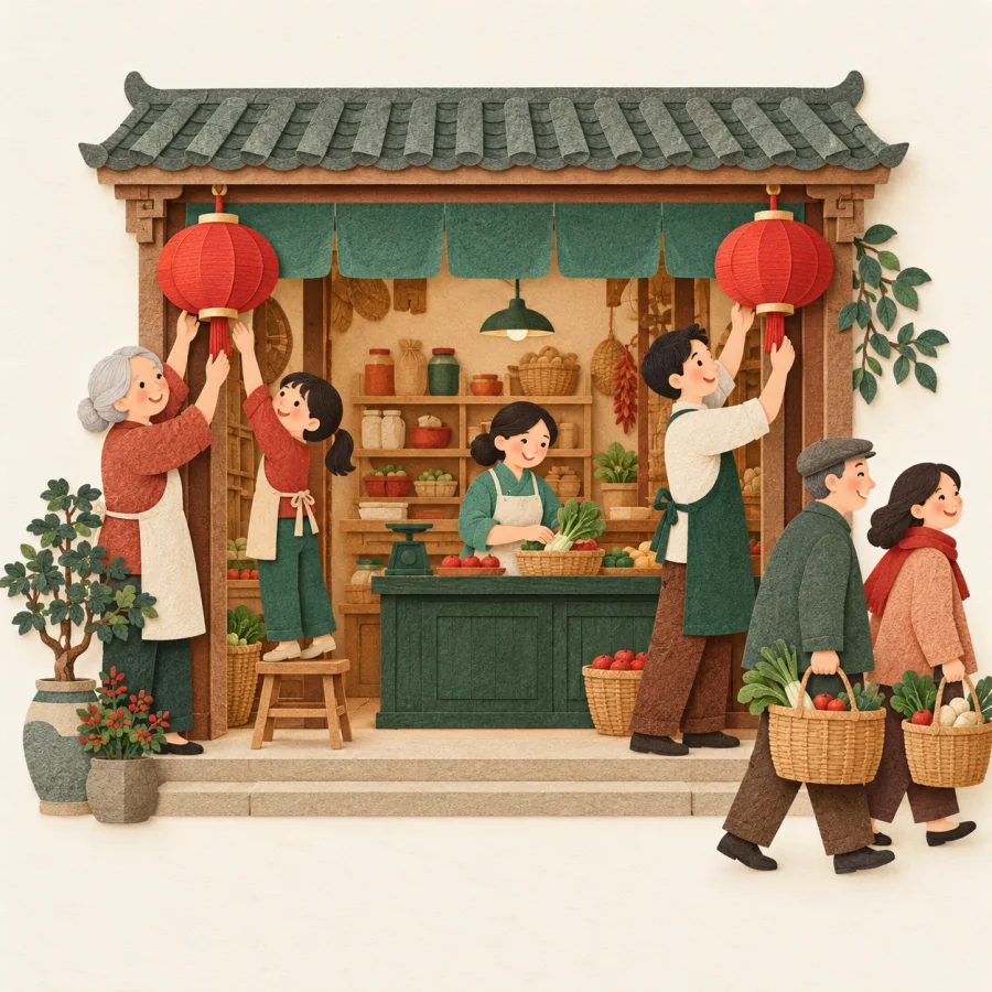 A family working together in their shop with lanterns at the entrance.