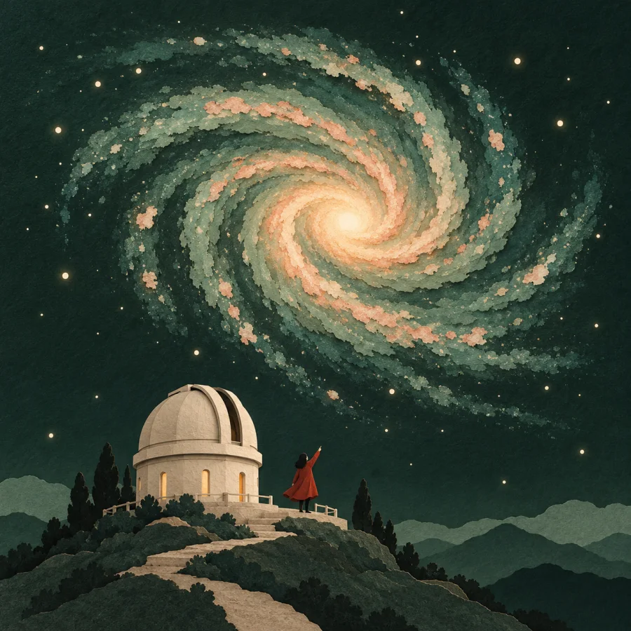 A spiral galaxy glowing above an observatory dome at night.
