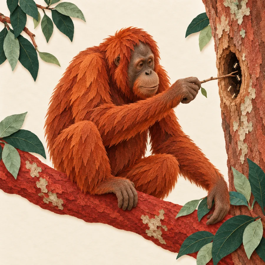 An orangutan uses a twig to reach insects in a tree hole