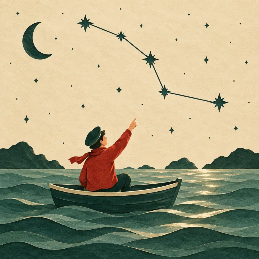 A sailor points at a line of linked stars over the sea
