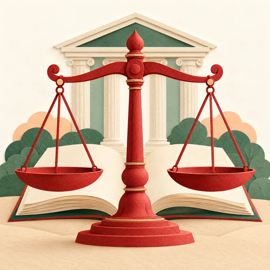 Scales of justice standing before an open law book