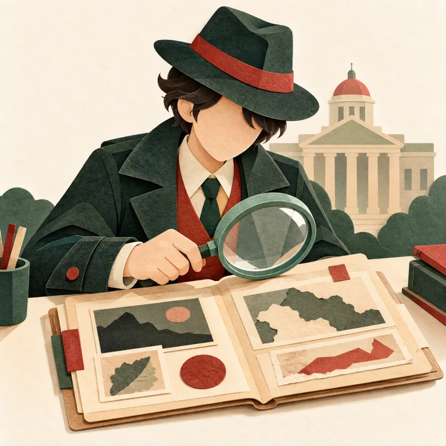 An investigator studies a case file with a magnifying glass