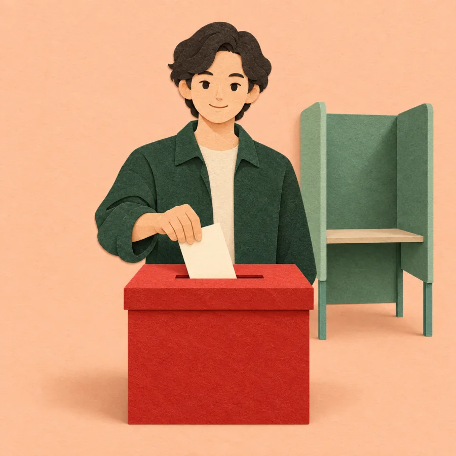 A person drops a ballot paper into a ballot box