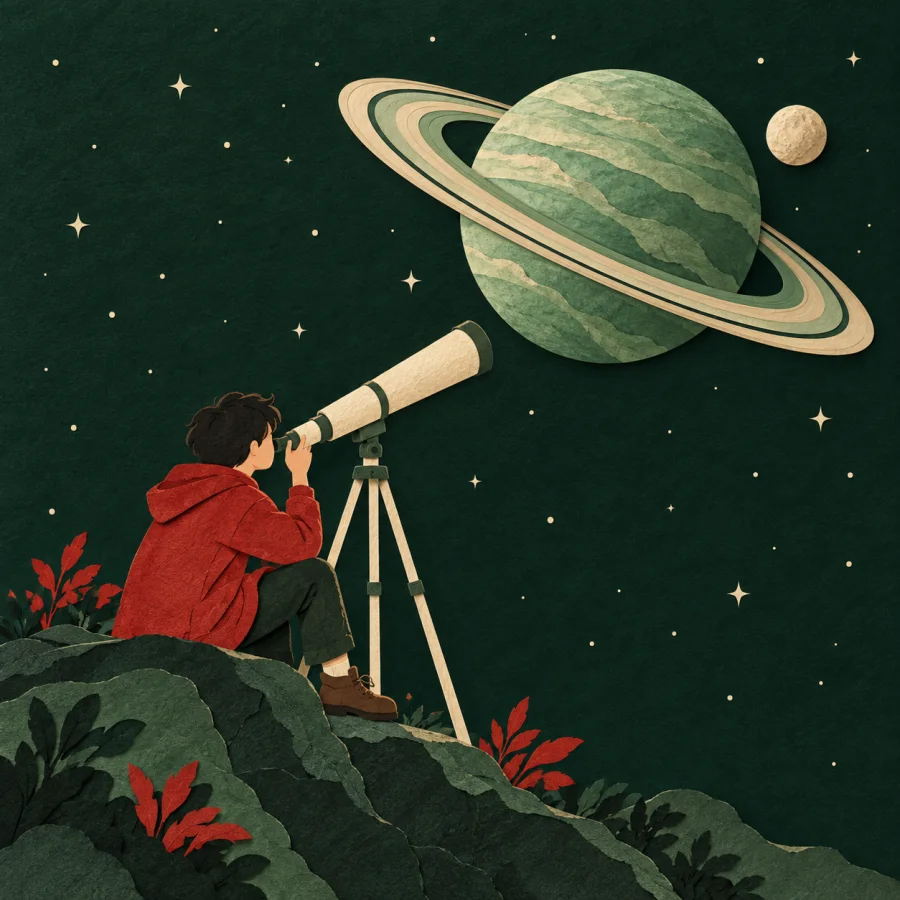 A person looks through a telescope at a large ringed planet