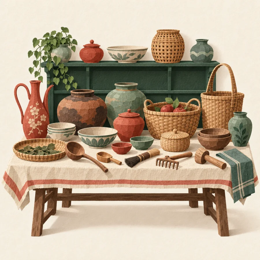 A table displays many differently shaped folk pots, baskets and tools