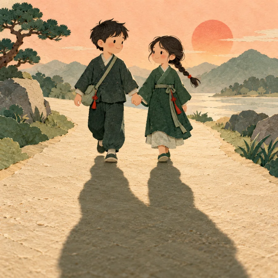 Two children walk hand in hand, their shadows merging into one