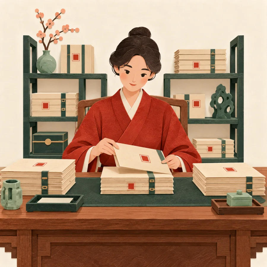A person at a desk reviews folders of paperwork
