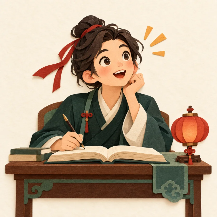 A person lifting their head with wide-open eyes beside a small lantern.