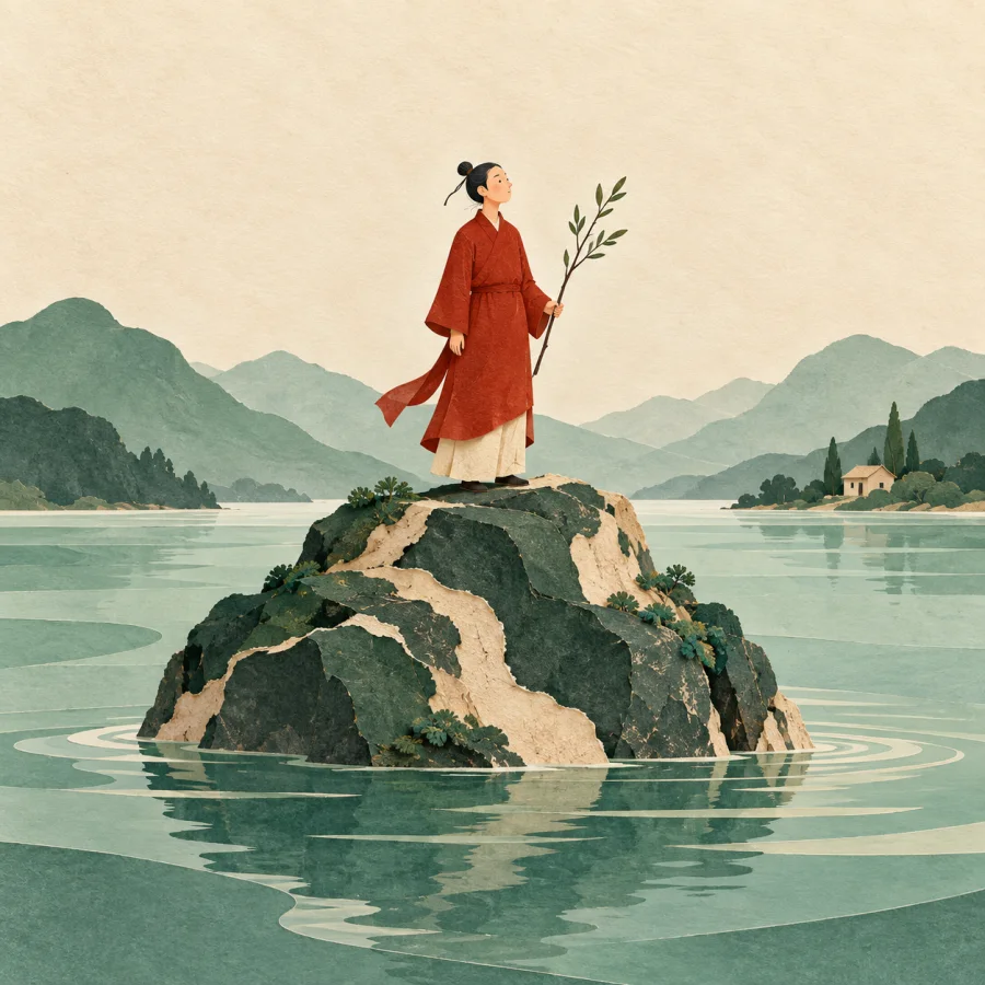 A person standing on a rock above flood water, holding a branch.