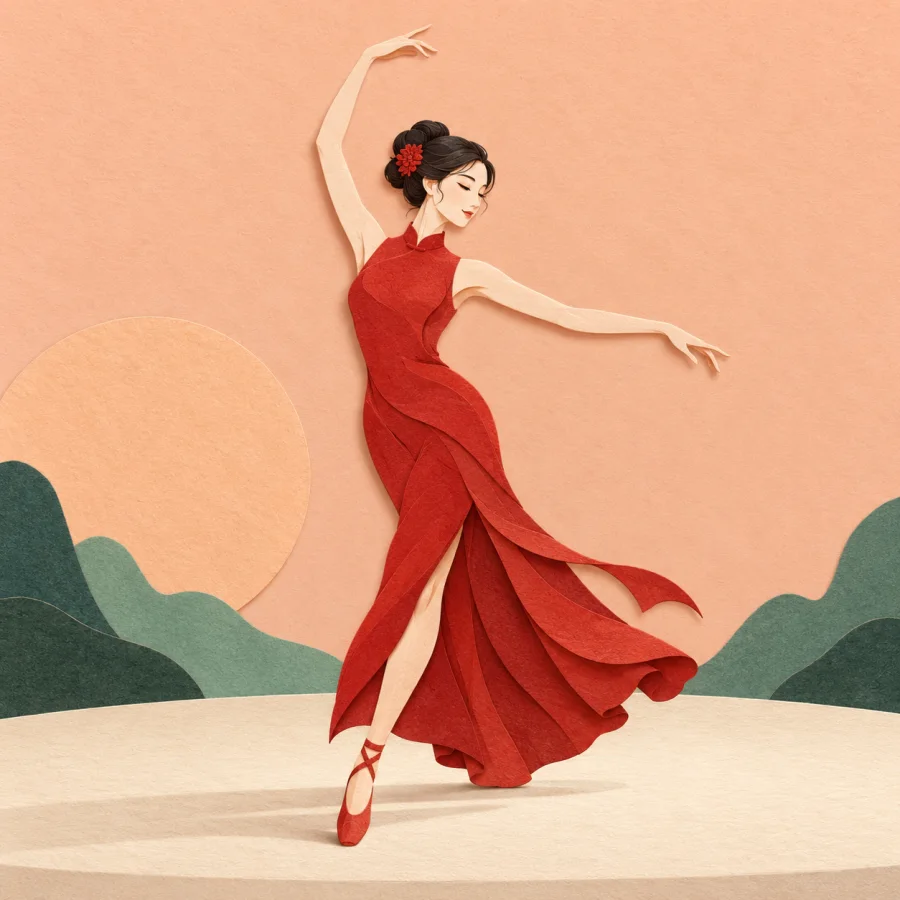 A dancer in a fitted red dress against a peach backdrop